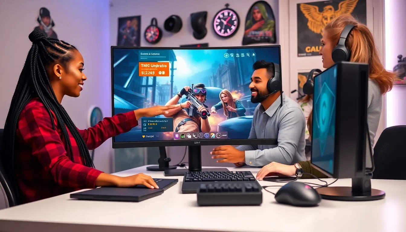 diverse gamers engaged in Call of Duty with game updates visible on screen.