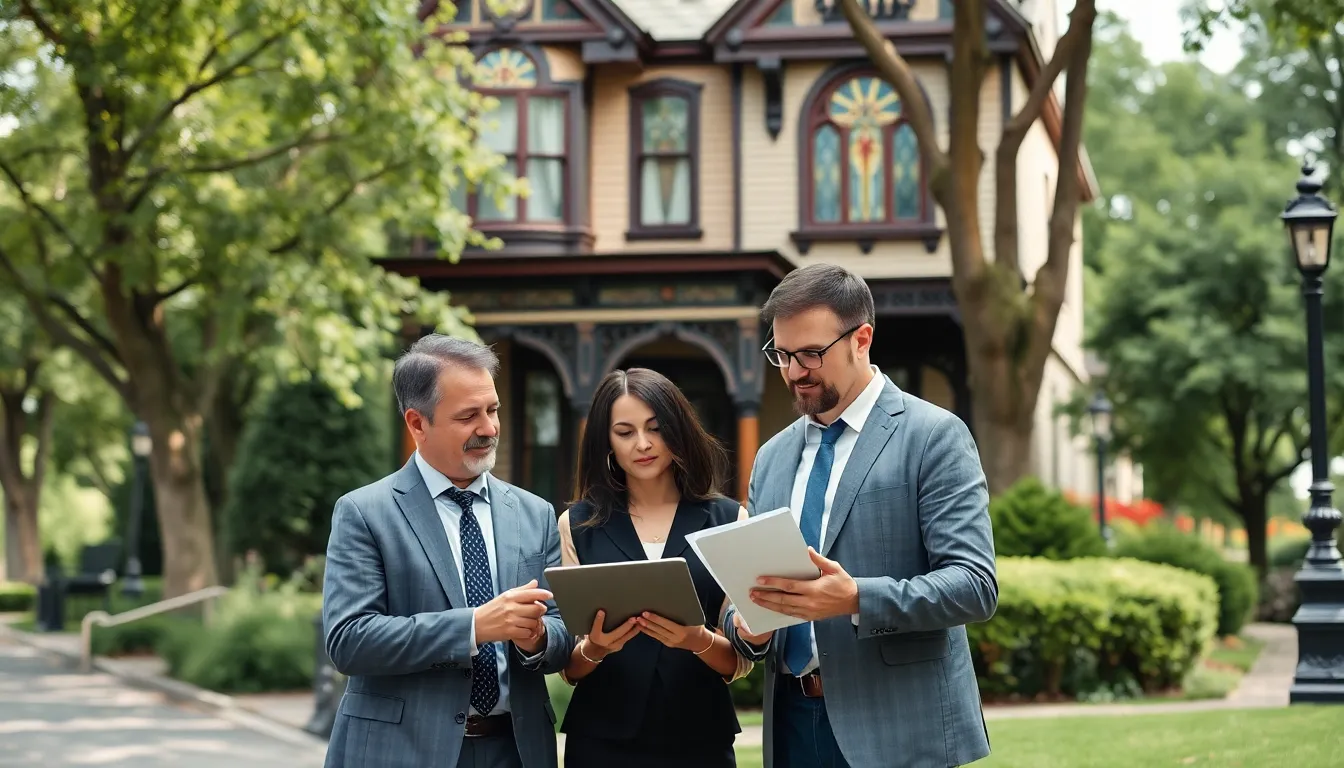 diverse professionals discussing heritage home insurance in front of a Victorian house.