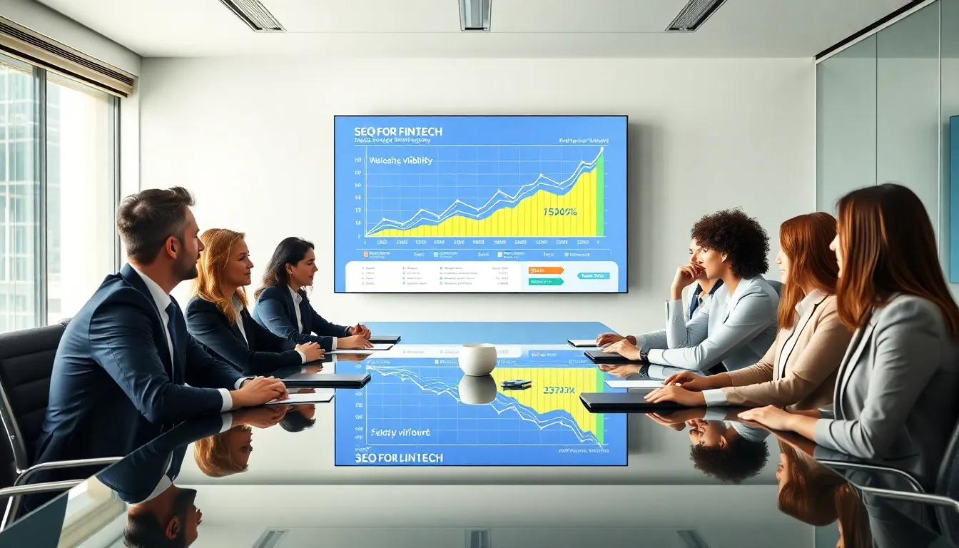 diverse professionals brainstorming SEO strategies in a modern conference room.