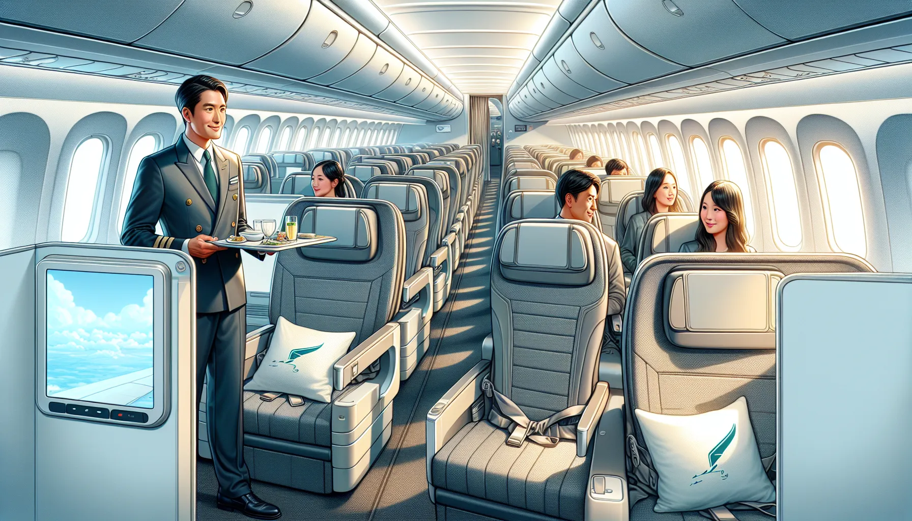 Interior view of a premium economy cabin with passengers and a flight attendant.