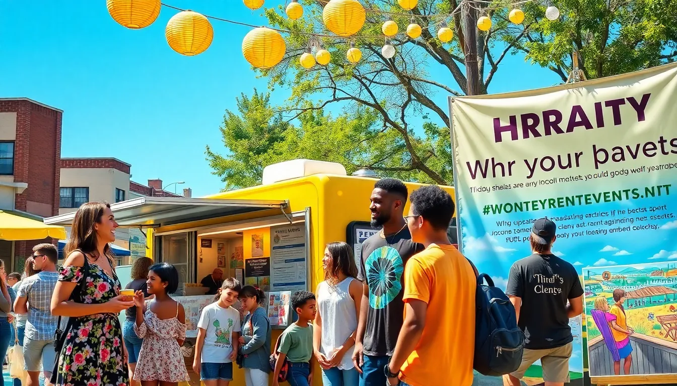 A community gathering around a food truck promoting affordable local events.