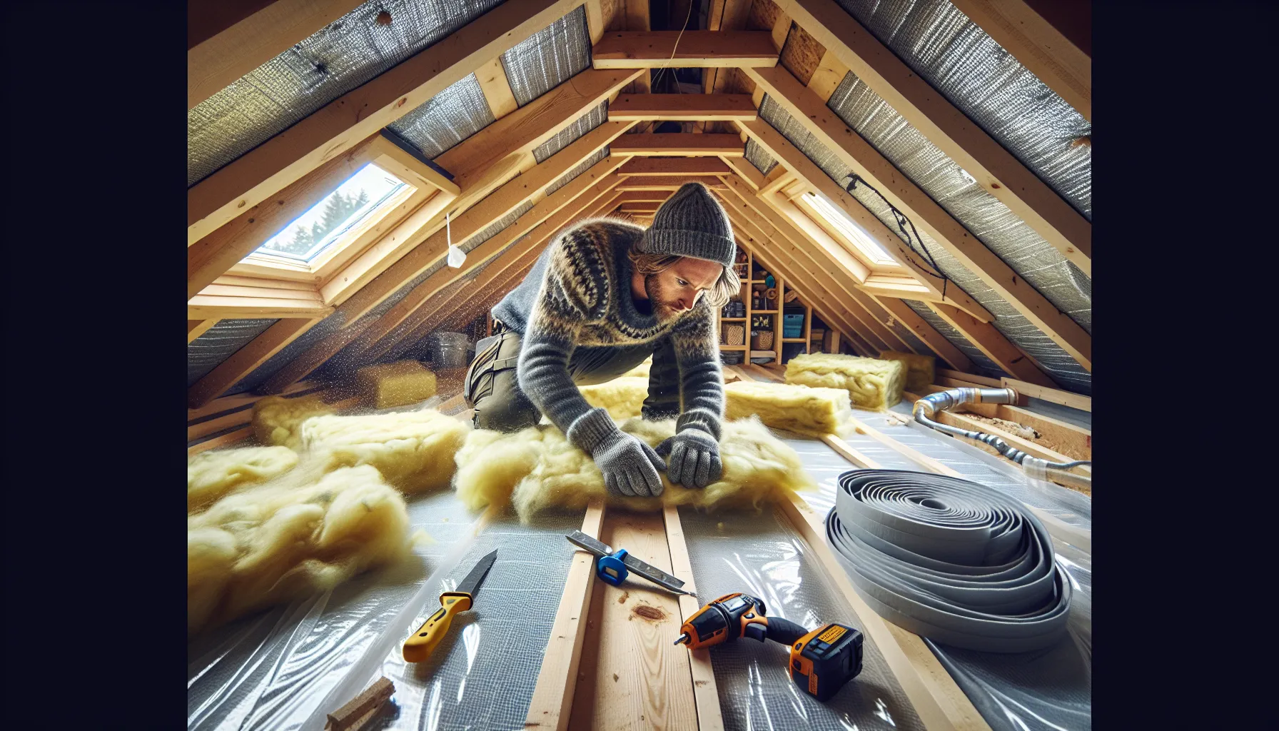 Norwegian homeowner insulating an attic and sealing gaps to cut energy costs.