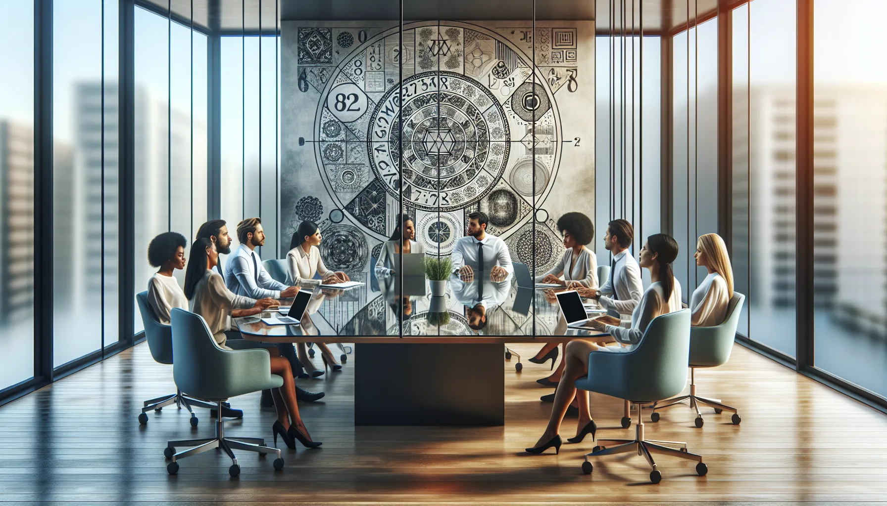 diverse professionals discussing the significance of a number in a modern office.