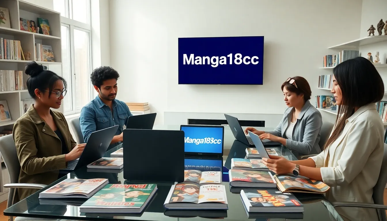 diverse group discussing manga in a modern digital workspace.