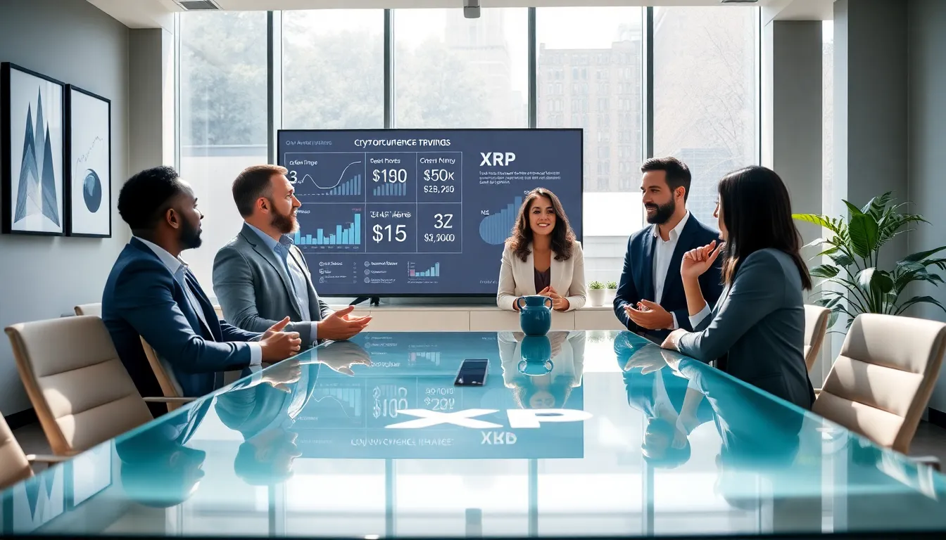diverse team discussing cryptocurrency trends in a modern office.