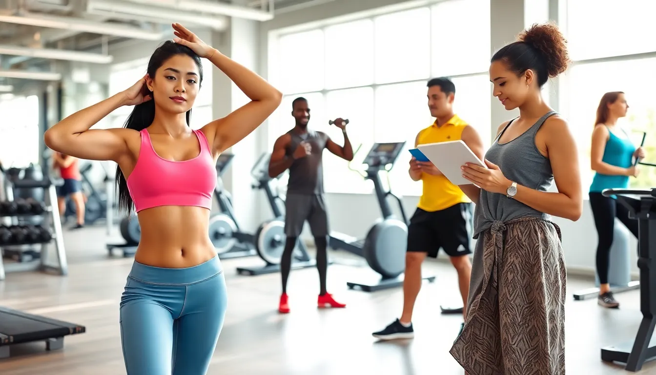diverse individuals exercising in a modern fitness center.