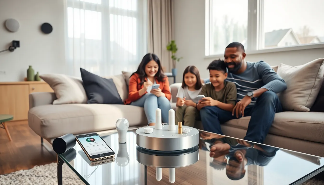 family enjoying home automation in a modern living room.