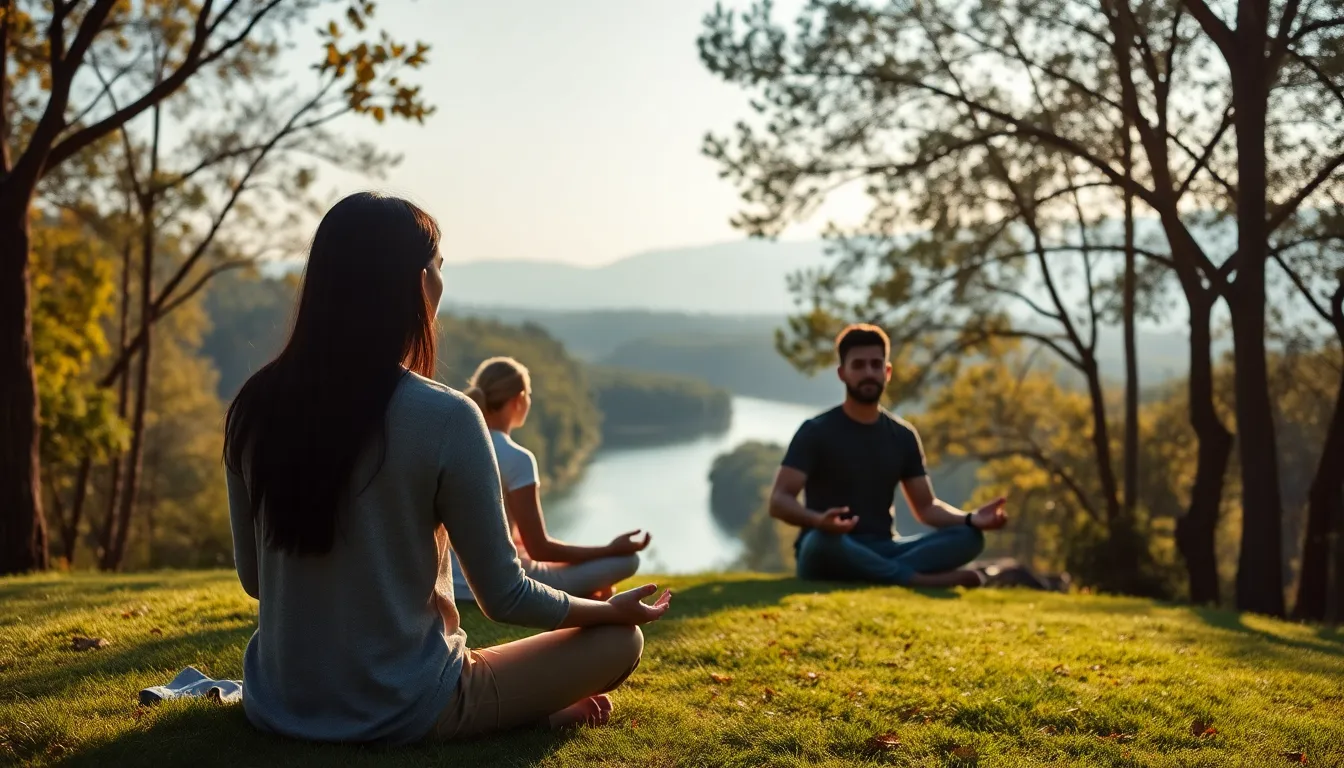 diverse group meditating in a tranquil natural setting.