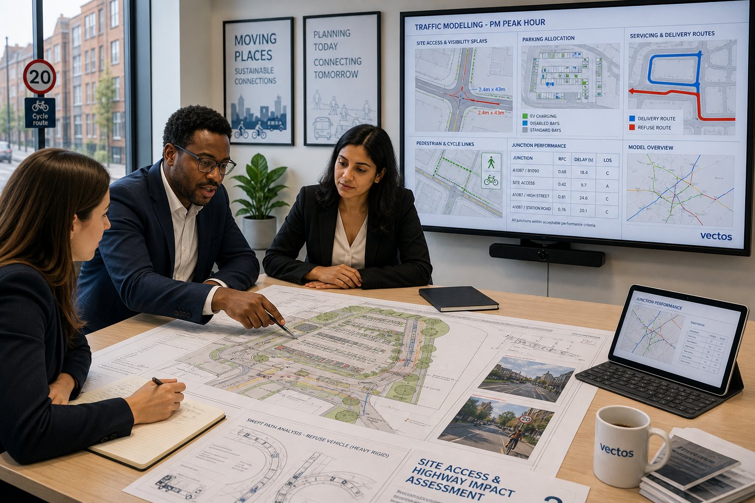 Transport consultants reviewing site access, parking, and highway plans in a UK office.