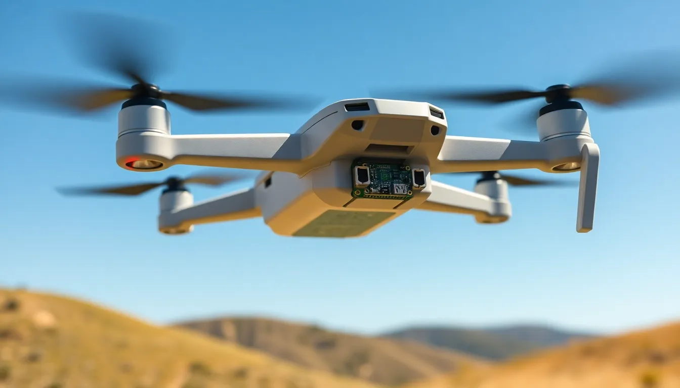 drone in flight with Raspberry Pi Zero technology onboard.