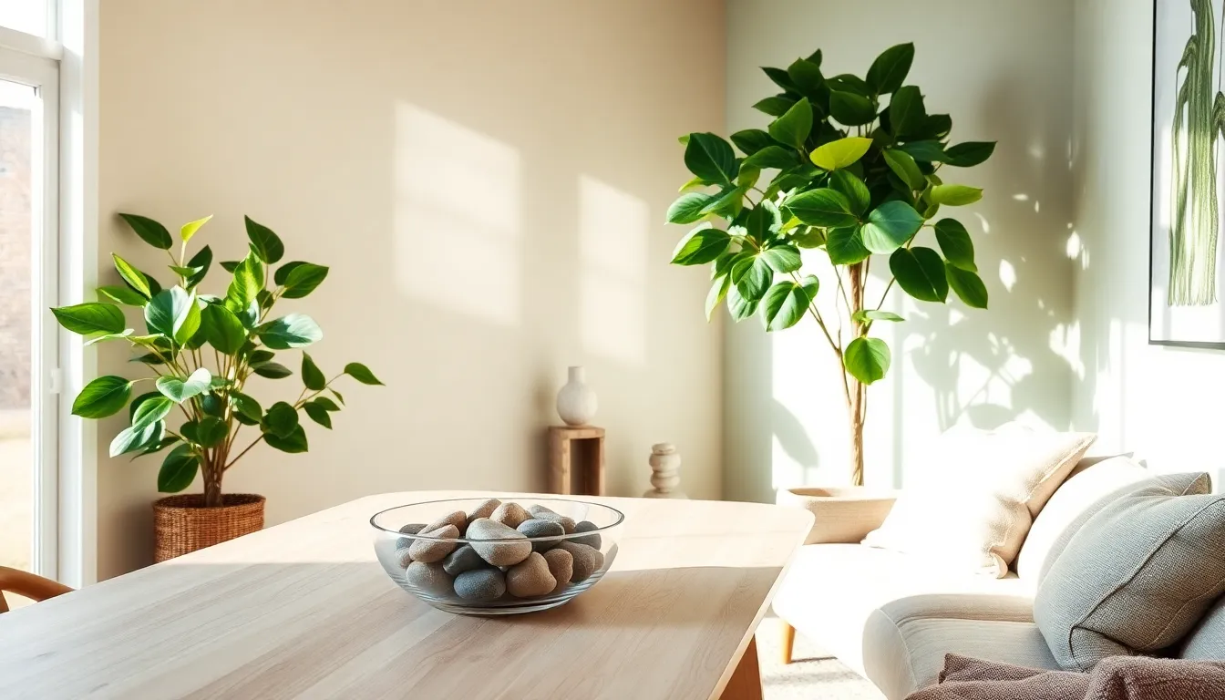 modern living room with natural decor elements and plants.