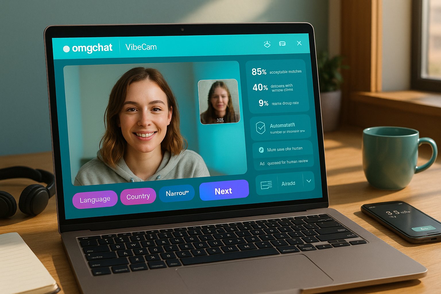 User at laptop showing omgchat video chat UI with brand-colored interface.