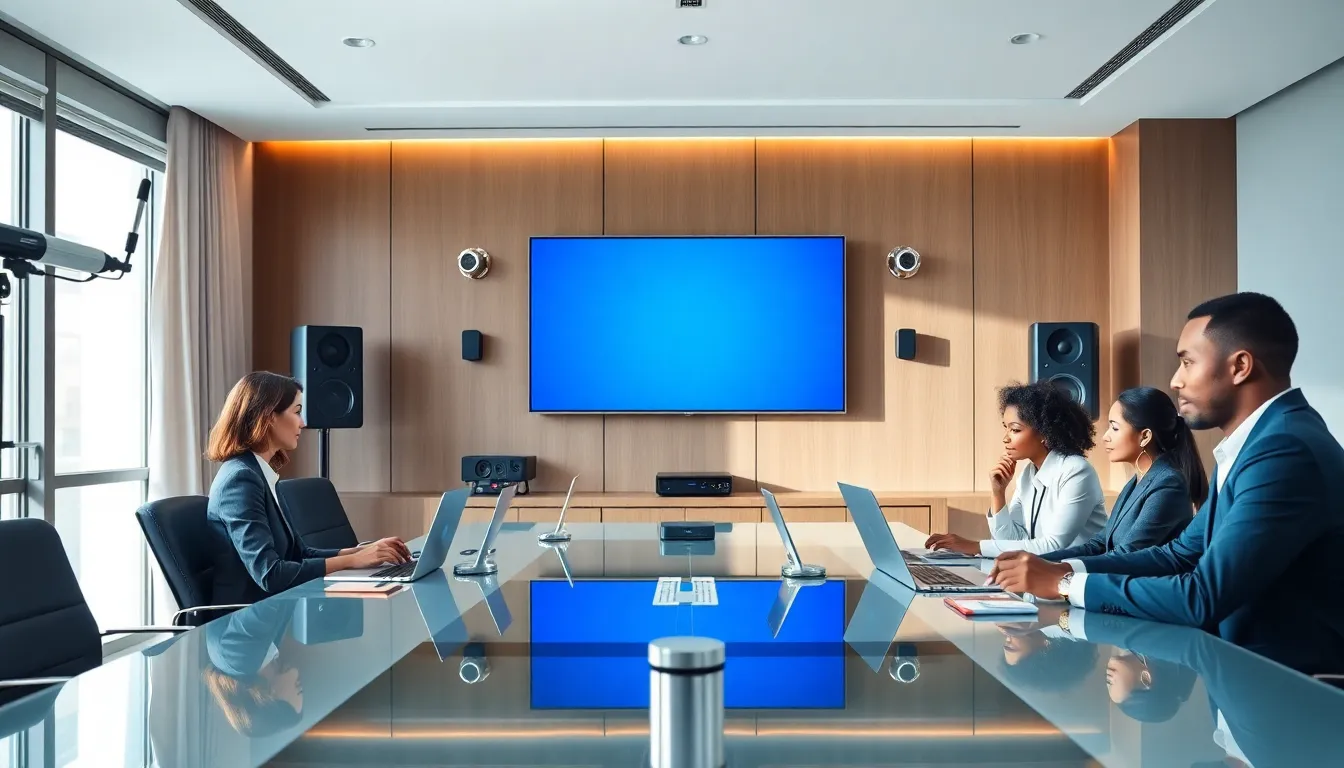 professionals collaborating in a modern conference room with AV technology.