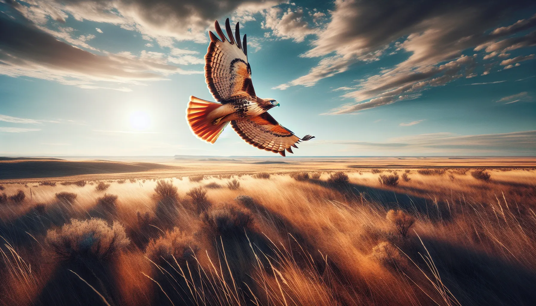 A red-tailed hawk soaring over an open plain under a clear sky.