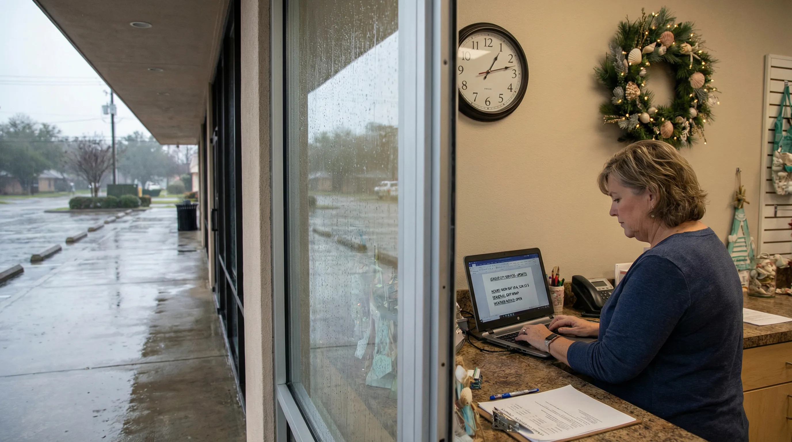 Manager inside a local shop on a cloudy day updating business hours and seasonal details on a laptop, with subtle holiday decorations visible.