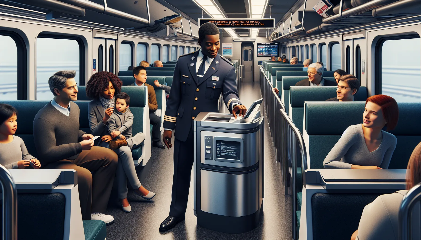 TTR verifying tickets in a modern train carriage.