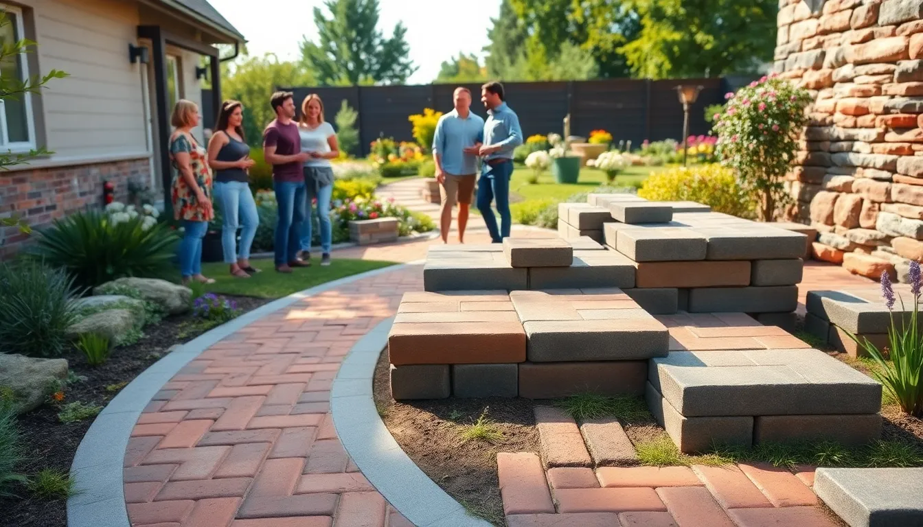diverse homeowners discussing landscaping brick options in a garden.