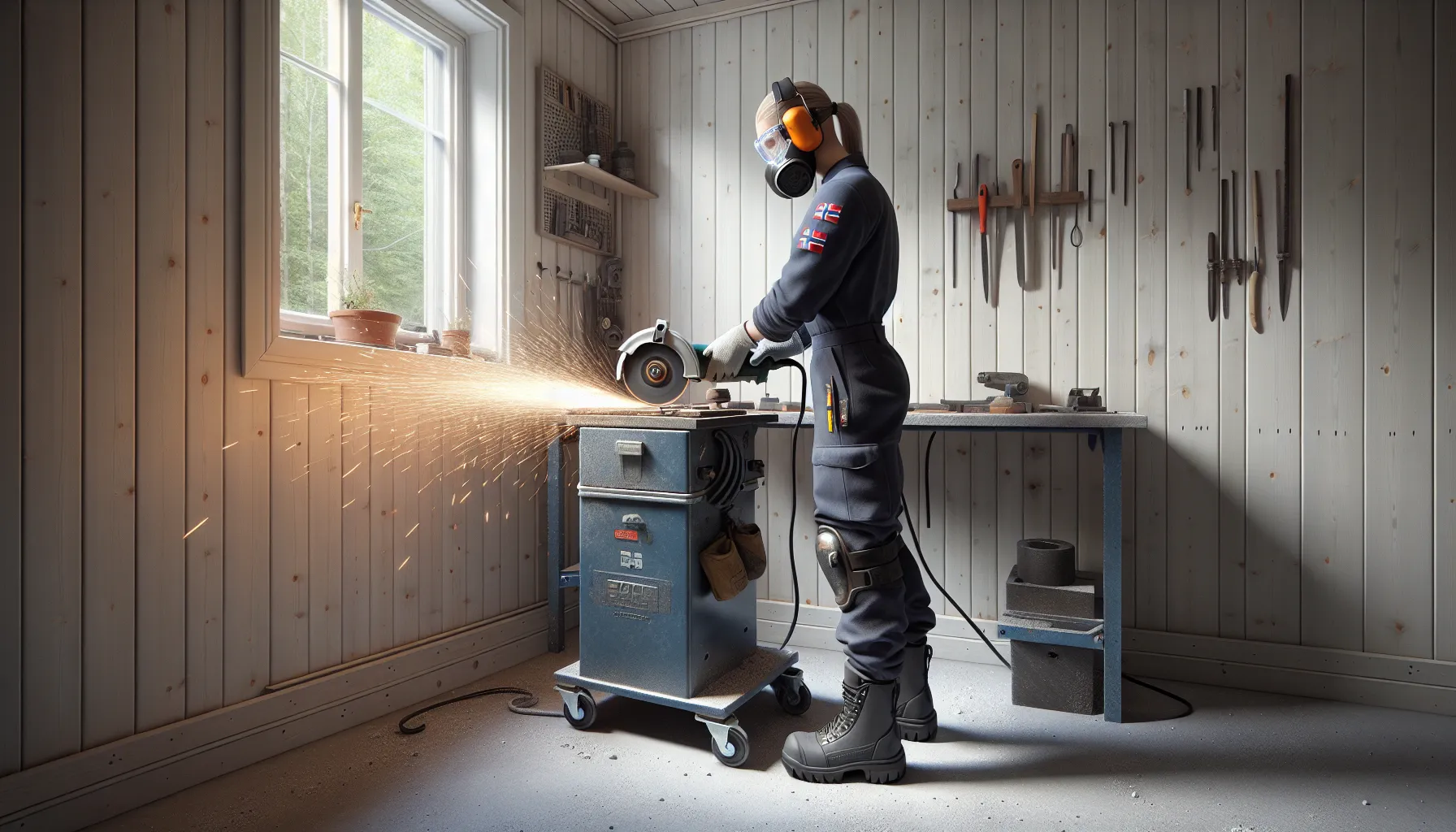 Hvordan bruke en vinkelsliper for ulike materialer 3 Worker safely using an angle grinder with ppe and secured workpiece in workshop.