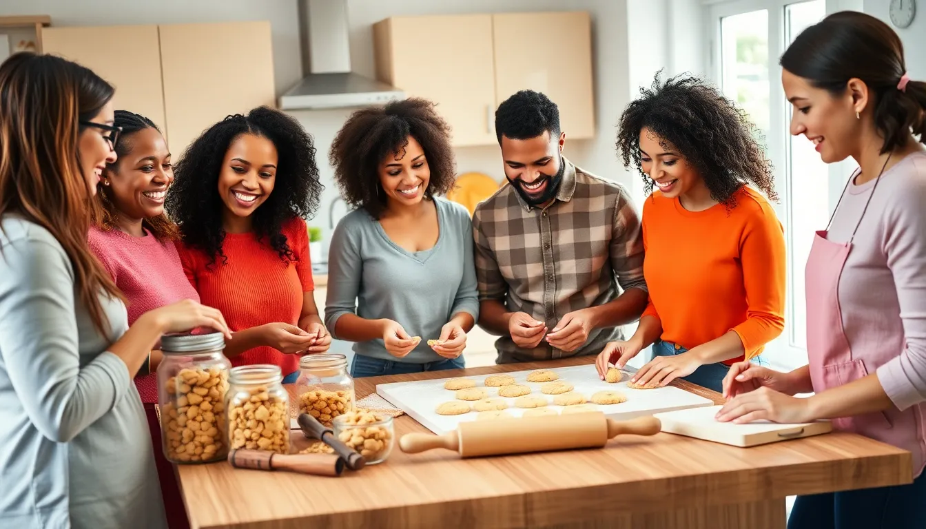 group baking cookies in a cozy kitchen setting.