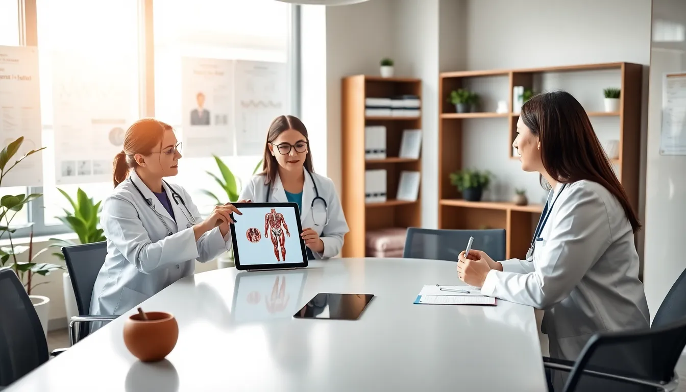 healthcare professionals discussing medical terminology in a modern office.