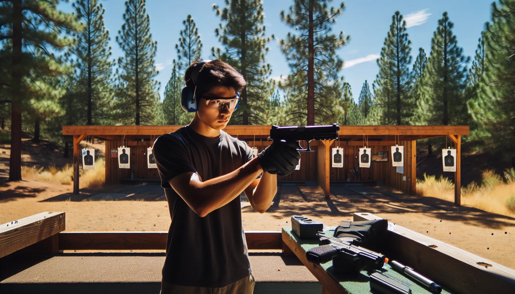 A young adult practicing safety techniques with a BB gun and pellet gun.