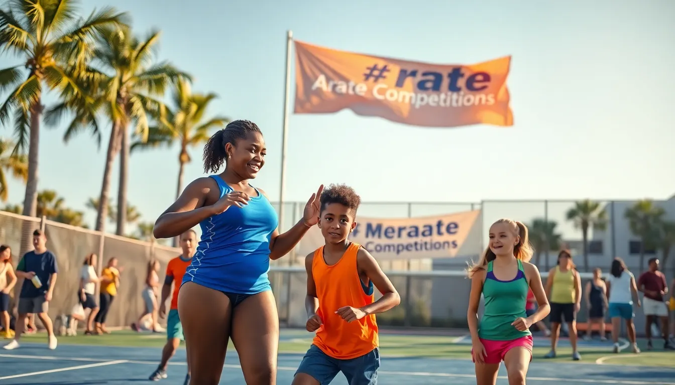 diverse athletes participating in an Arate Competition in a sunny outdoor sports venue.