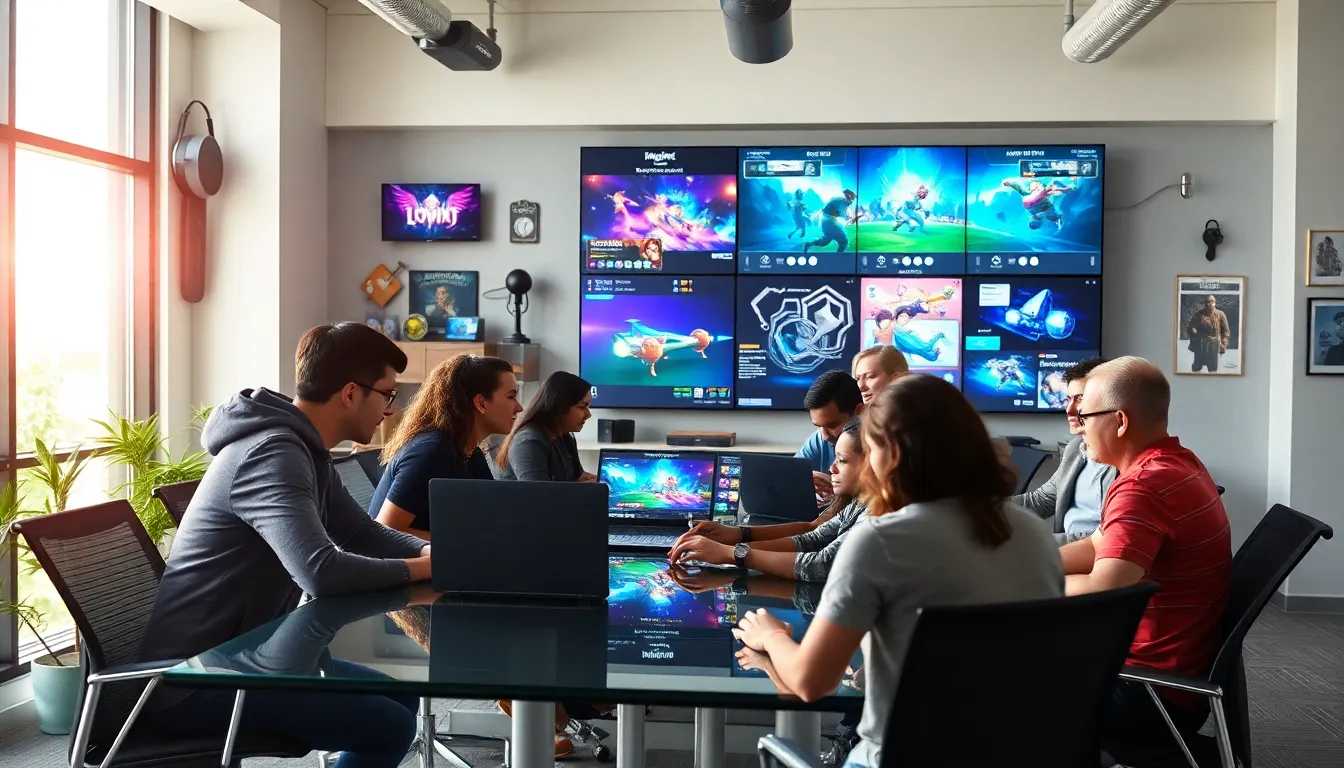 diverse team collaborating in a modern office on game development.