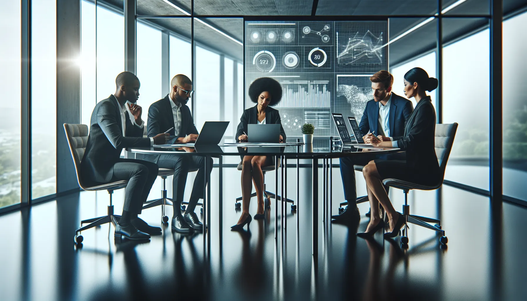 diverse team discussing numerical data in a modern office.
