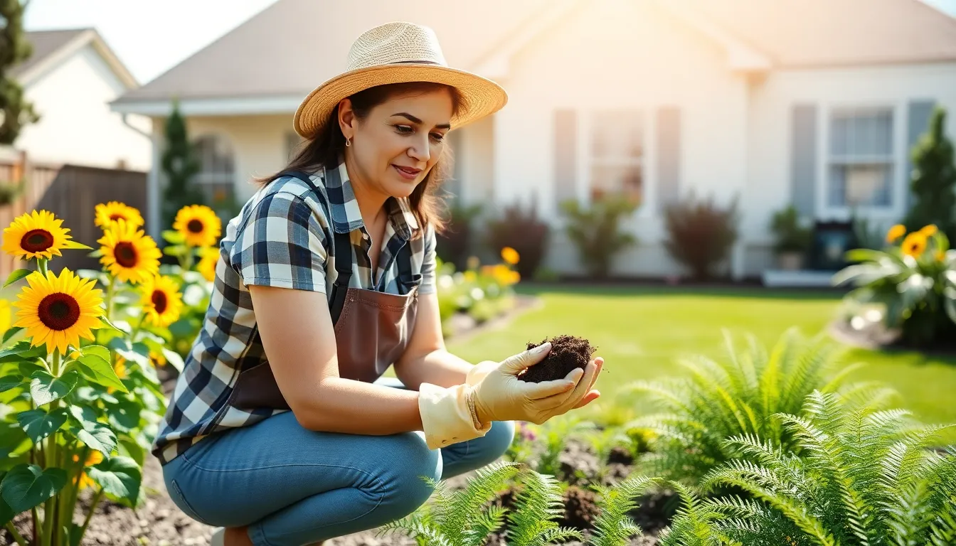 gardener assessing soil in a vibrant backyard garden.