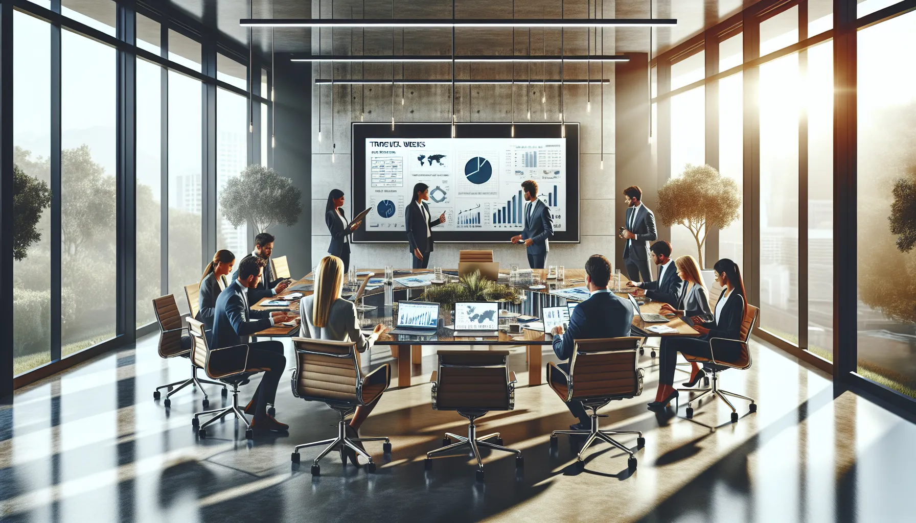 diverse team collaborating on travel bookings in a modern office.