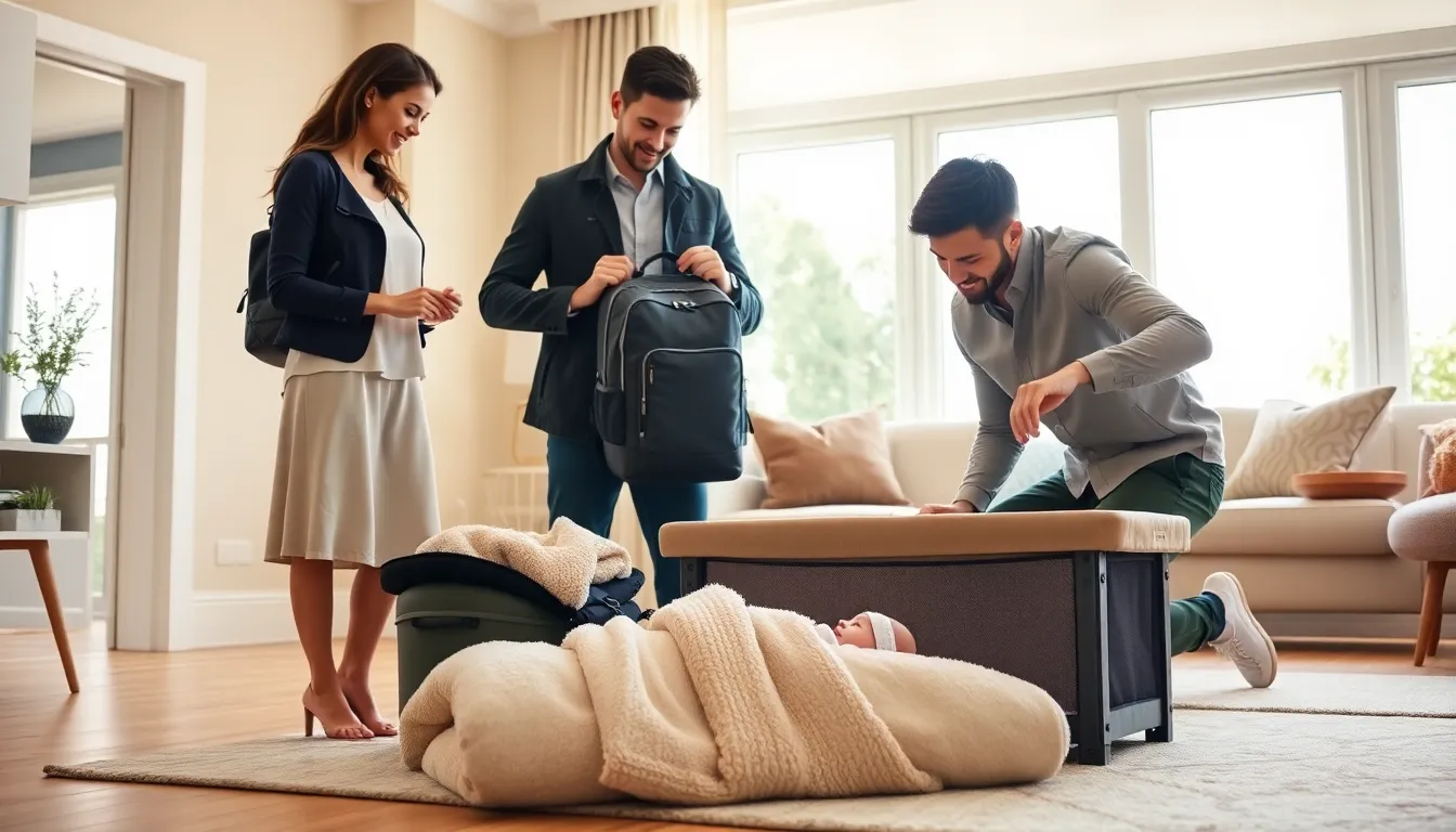 family preparing Eddie Bauer baby travel gear in a modern living room.