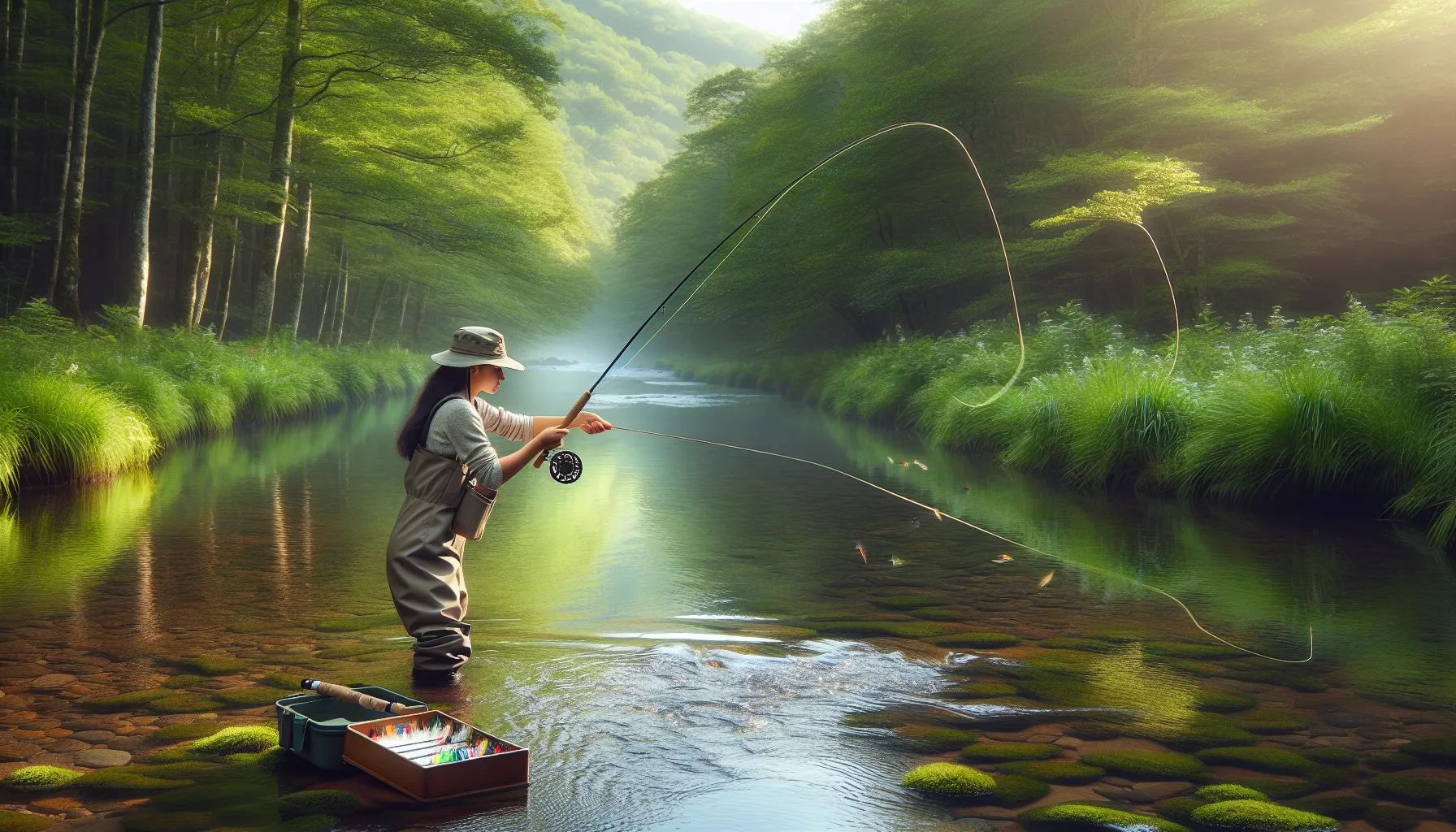 An angler fly fishing in a clear stream surrounded by a tranquil forest.
