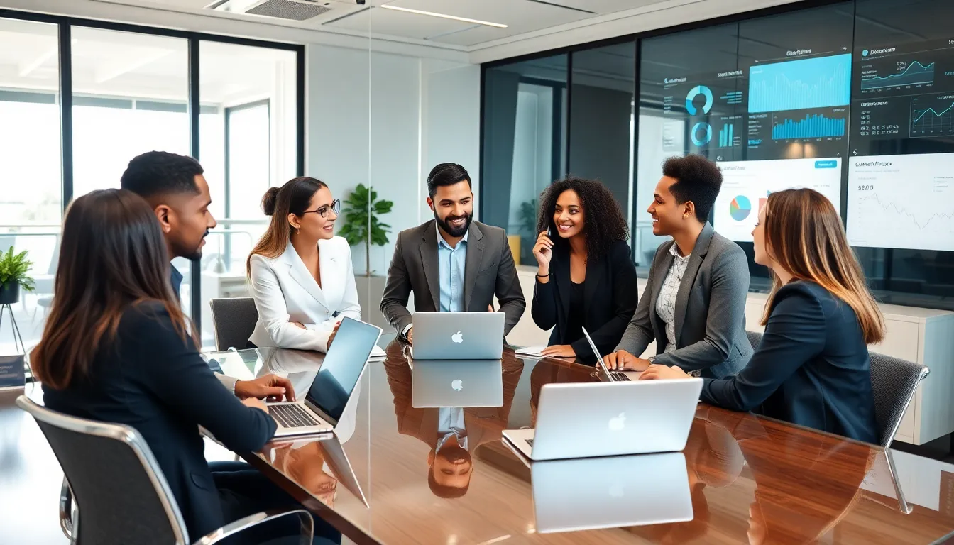 professionals discussing communication in a modern office setting.