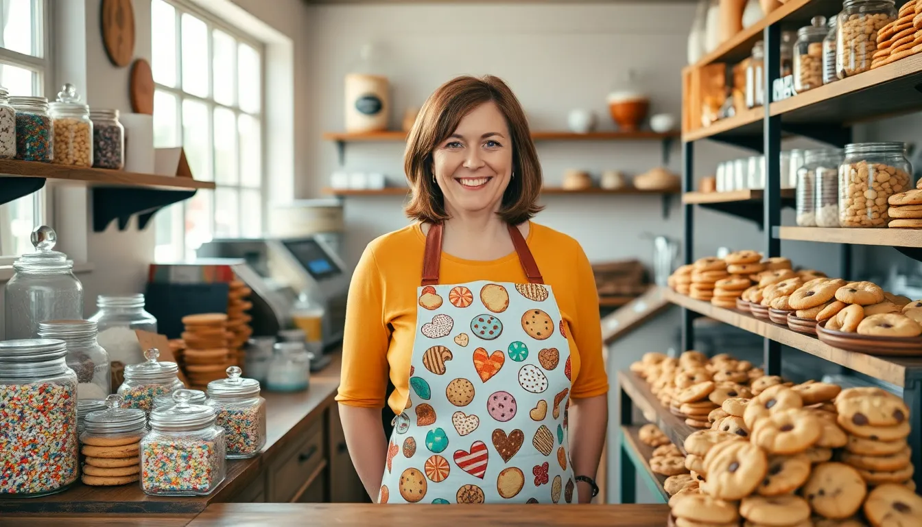 Mary joyfully displays freshly baked cookies in her inviting bakery.