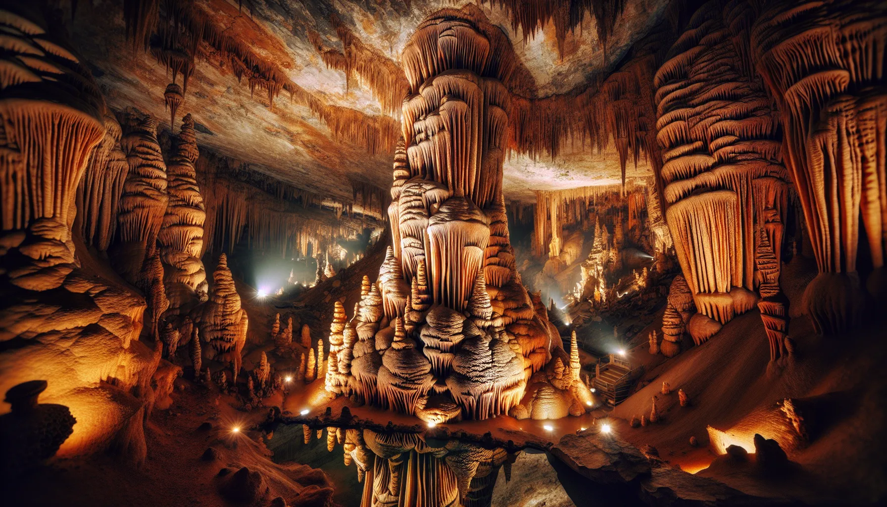 A view of stalactite and stalagmite formations in the Luray Caverns, Virginia.