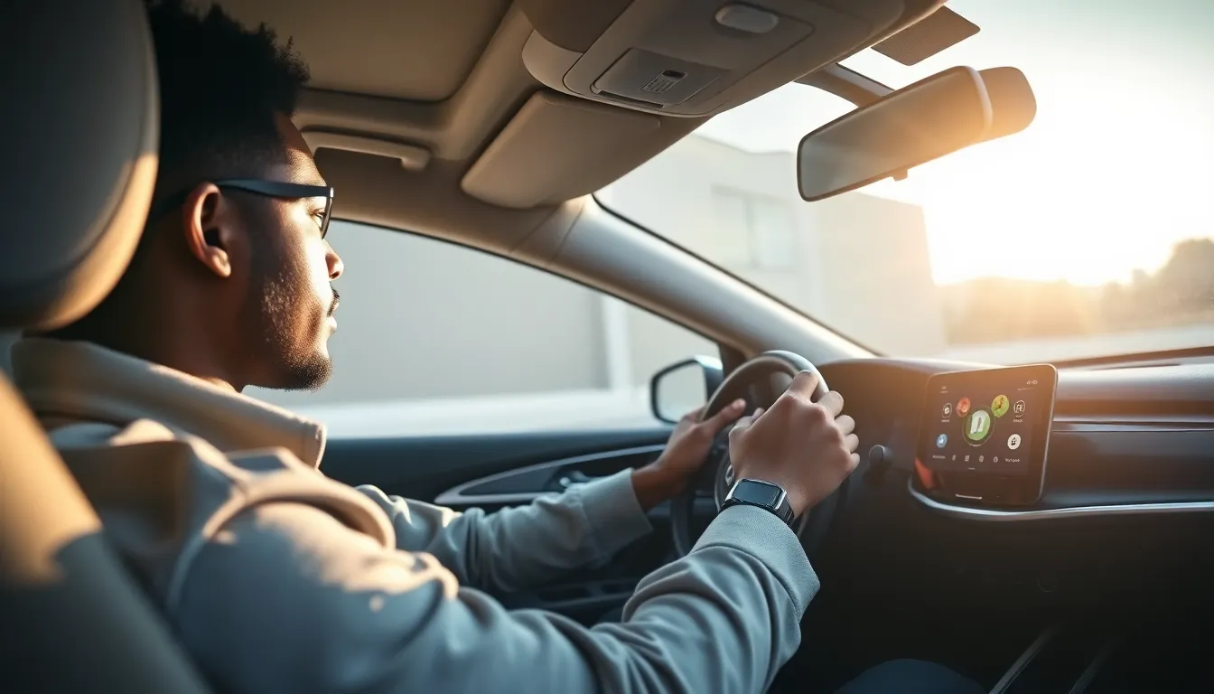 Driver using Apple CarPlay in a modern car interior.
