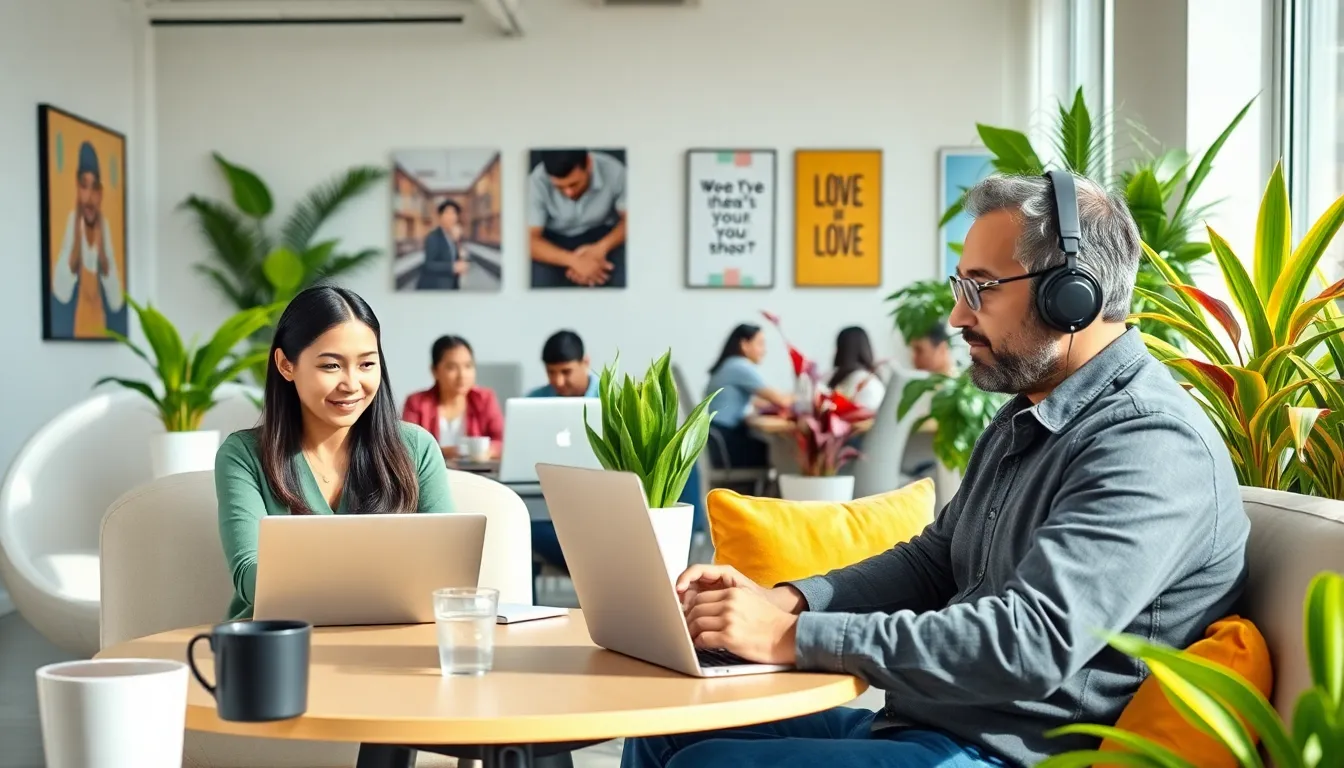diverse digital nomads collaborating in a modern workspace.