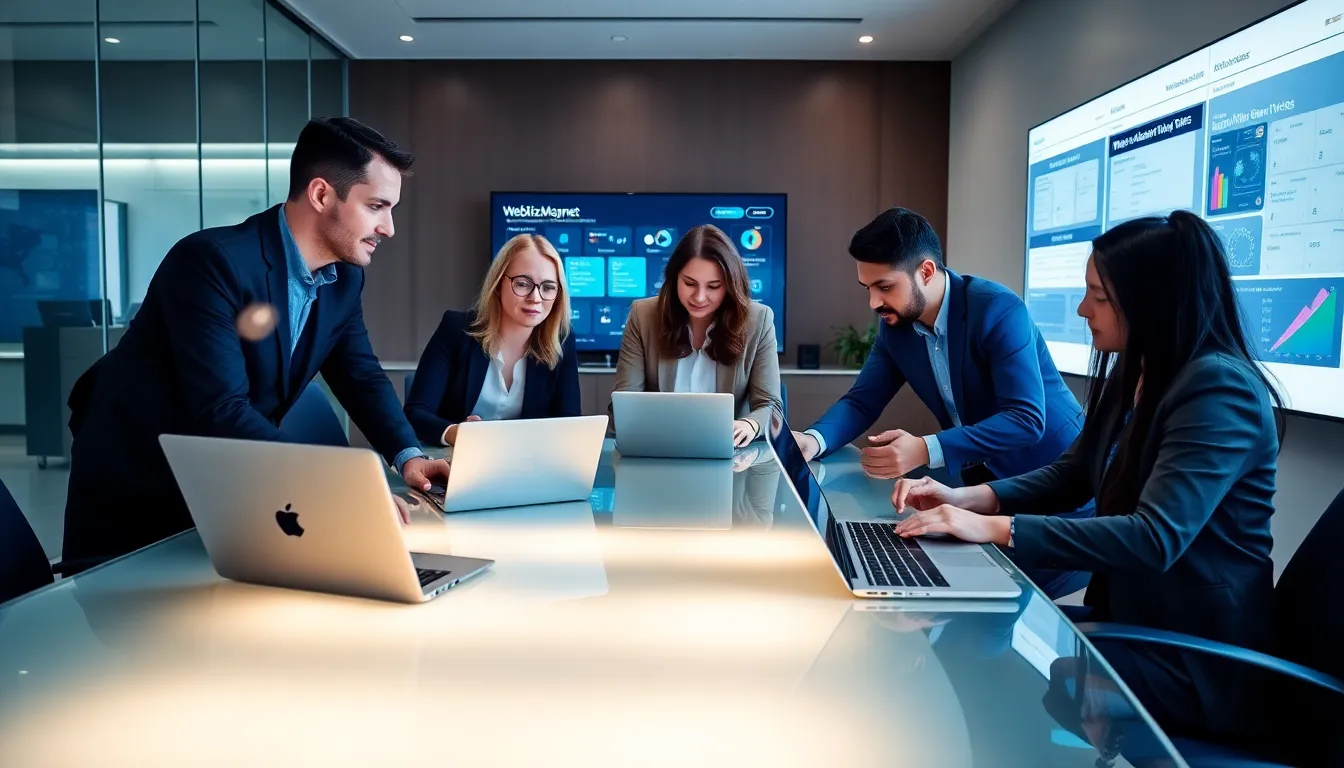 diverse professionals collaborating on software applications in a modern office.