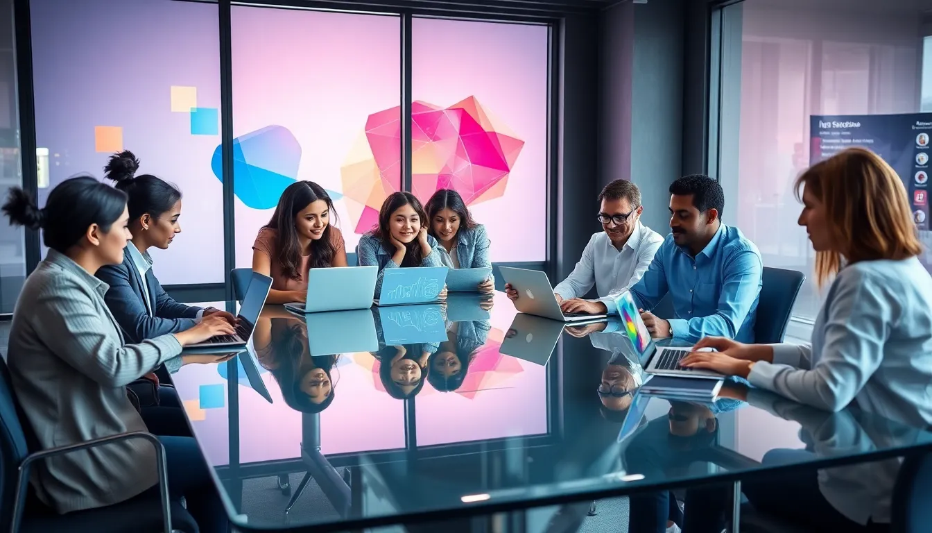 diverse team collaborating in a bright, modern office setting.