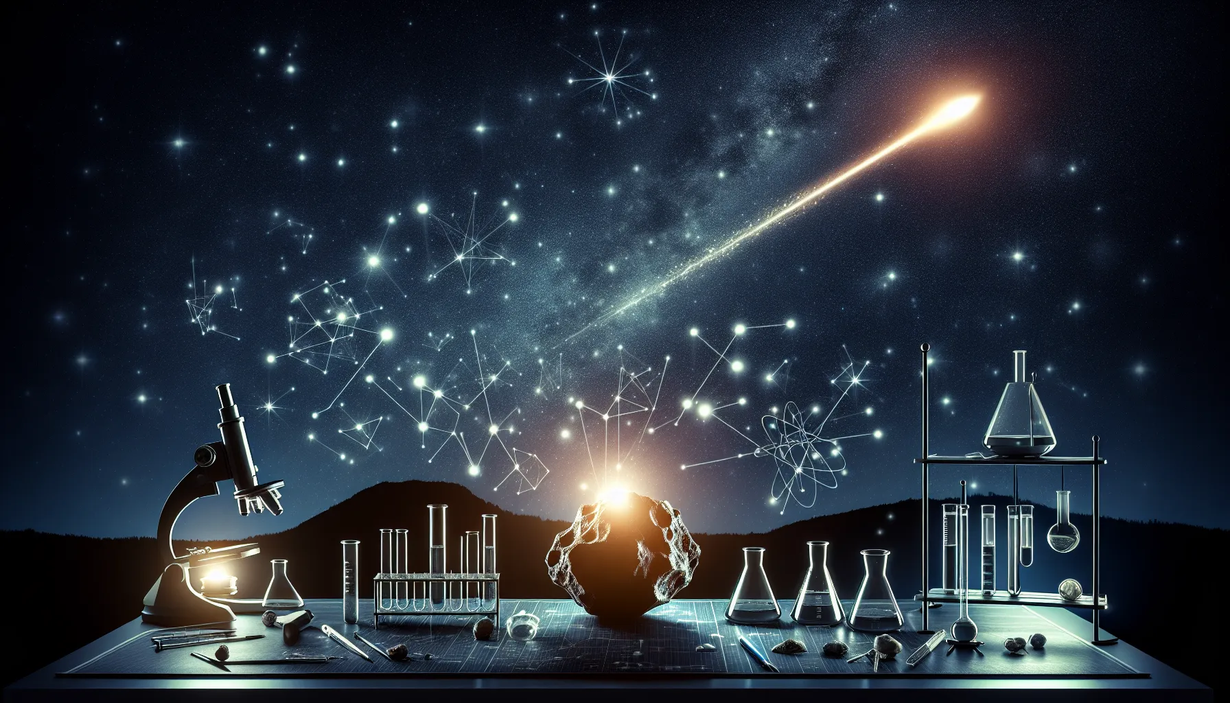 A glowing meteor in the sky with a meteorite on a study table.