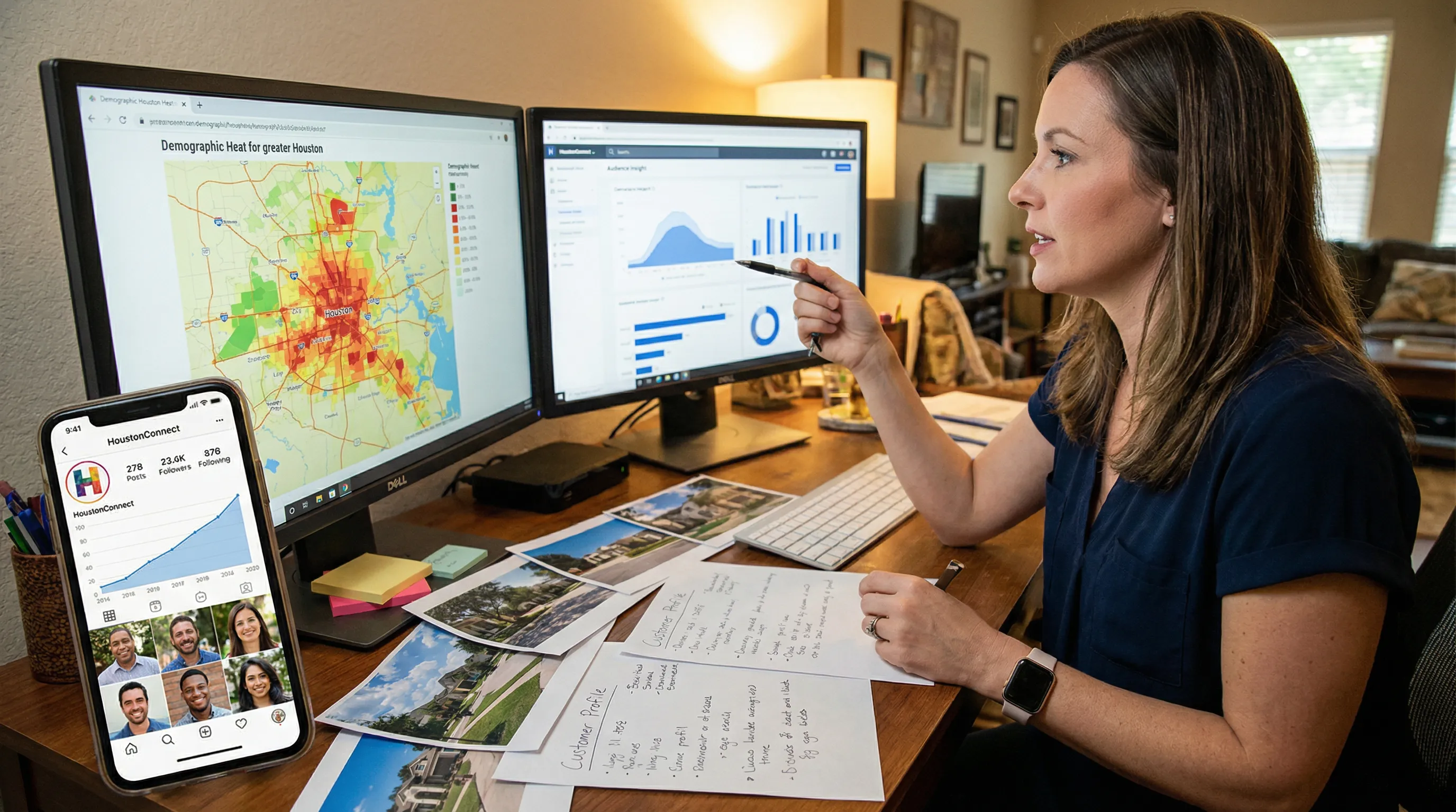 Professional targeting local Houston followers using audience analytics on screens and a phone showing organic follower increases.