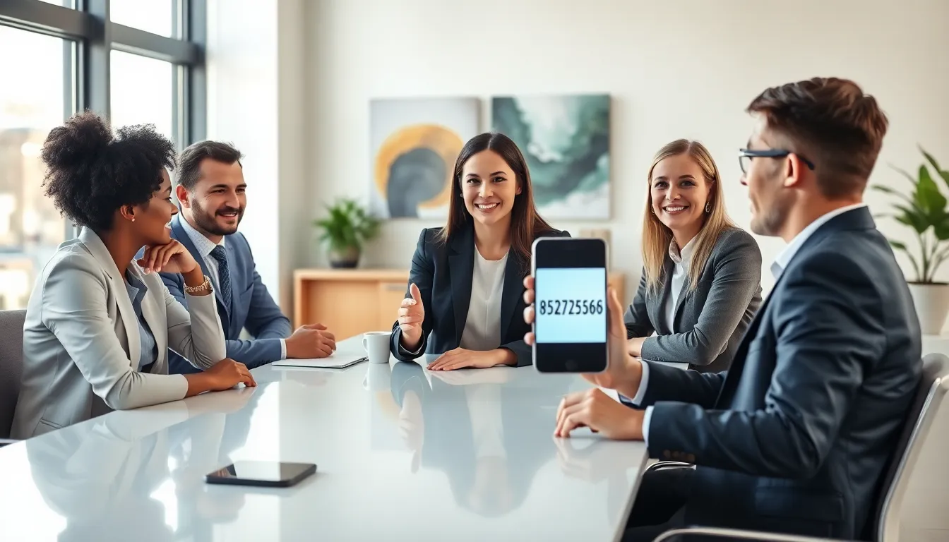 diverse professionals discussing a toll-free number in a modern office.