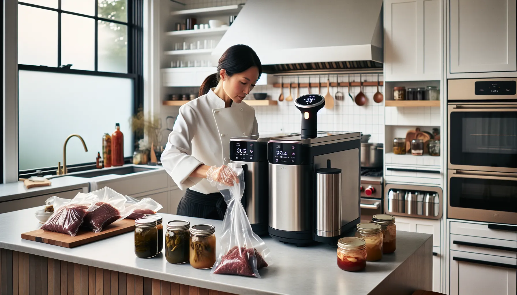 Chef preparing sous vide meals with colorful jars of fermented foods.