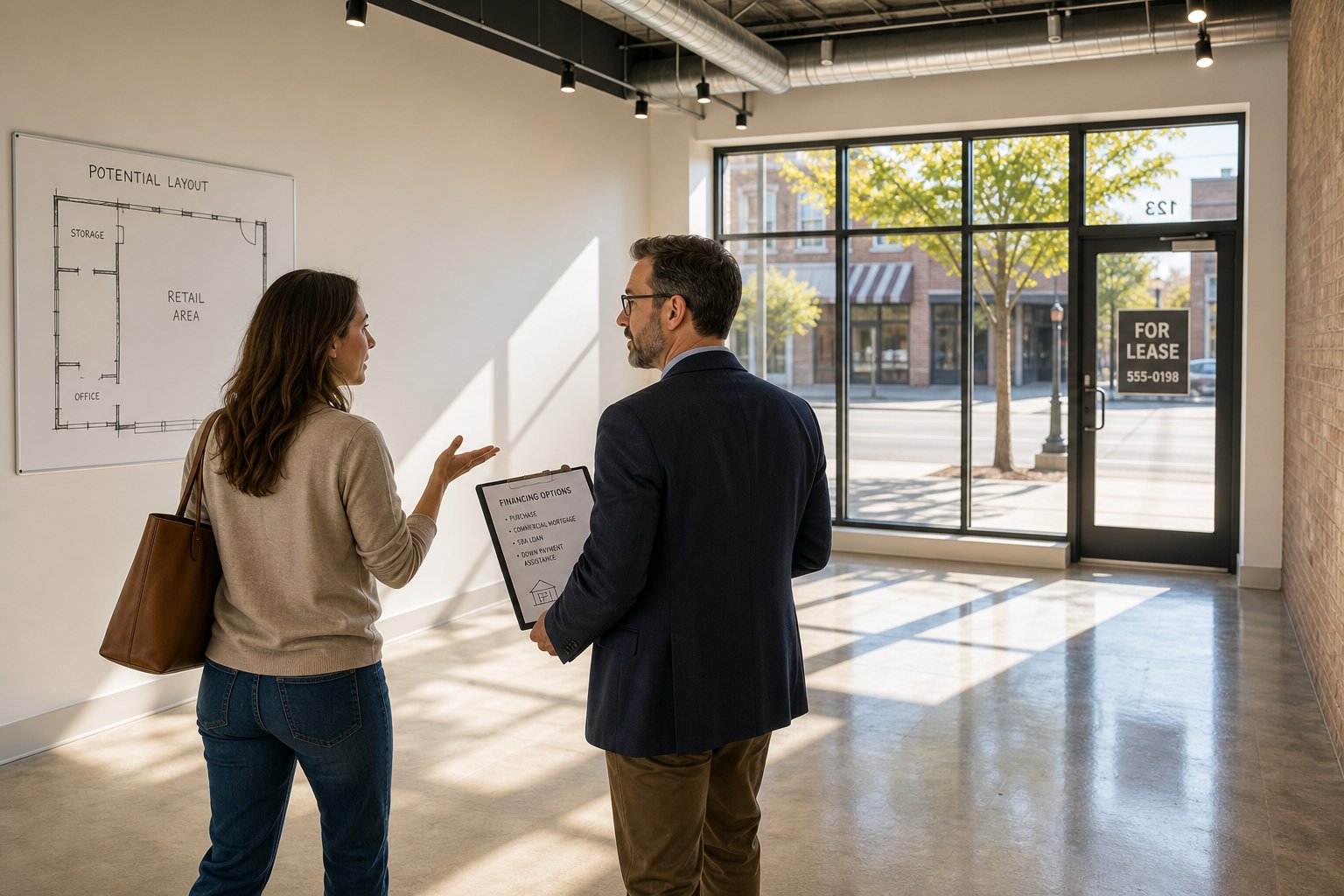 Commercial mortgage consultant touring an empty retail space with a business owner in bright natural light.