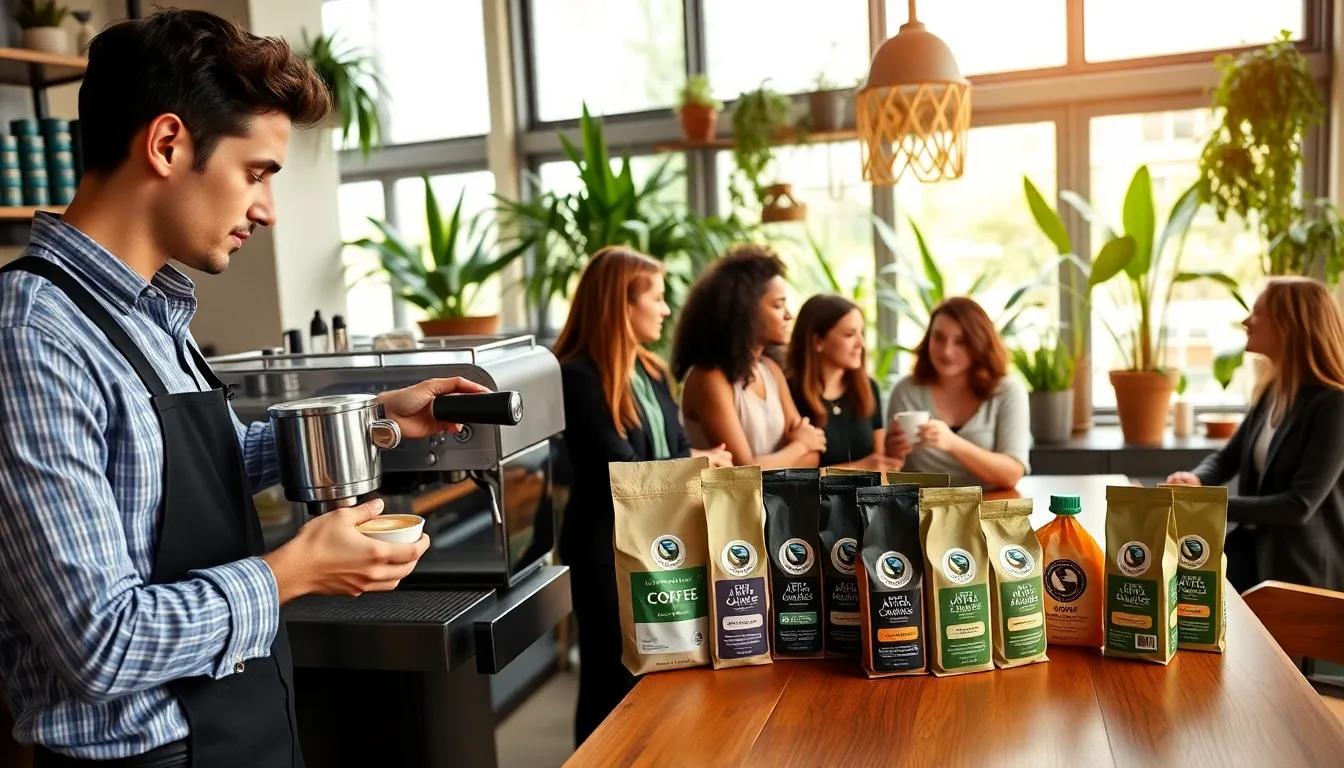 diverse coffee professionals discussing sustainable practices in a modern café.