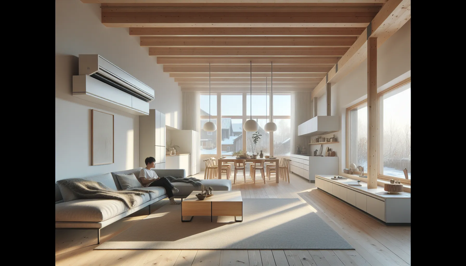 Open-plan norwegian living room and kitchen warmed by a single wall-mounted heat pump.