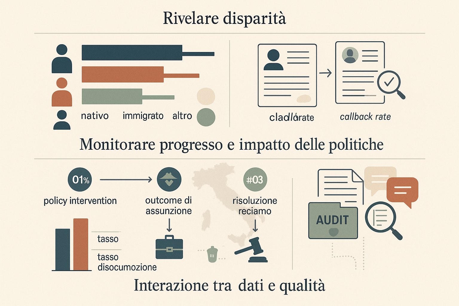 Infografica a tre pannelli che mostra approfondimenti sulla discriminazione sul lavoro basati sui dati in Italia.