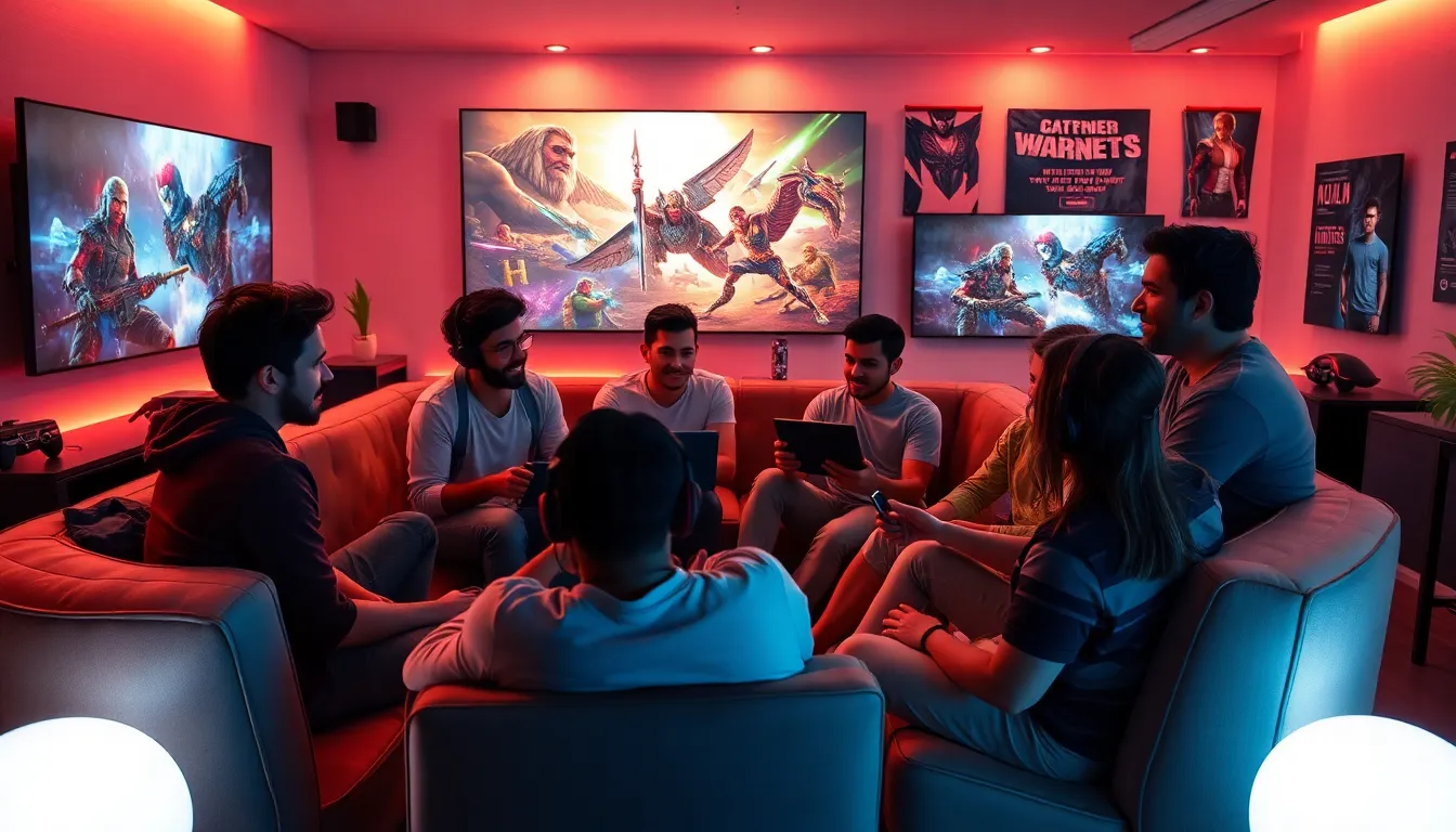 diverse group of gamers discussing video games in a modern lounge.