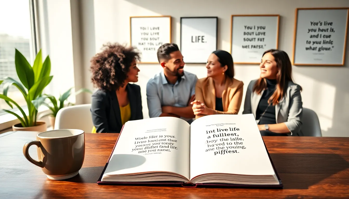 diverse professionals discussing inspirational quotes in a modern office
