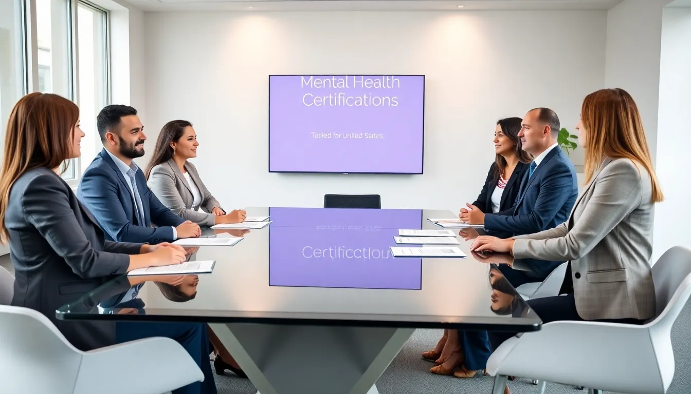 diverse professionals discussing mental health certifications in a modern office.